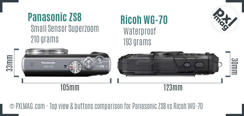 Panasonic ZS8 vs Ricoh WG-70 top view buttons comparison