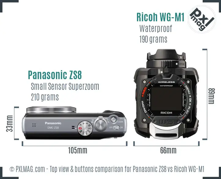 Panasonic ZS8 vs Ricoh WG-M1 top view buttons comparison