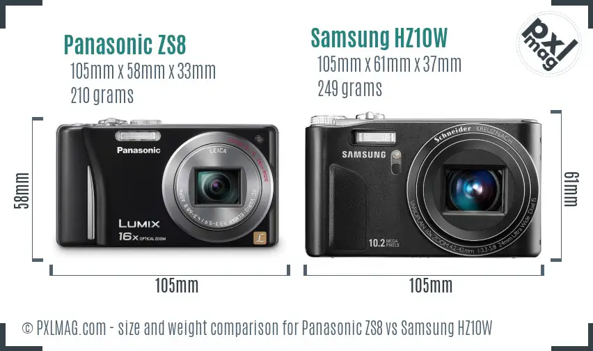 Panasonic ZS8 vs Samsung HZ10W size comparison