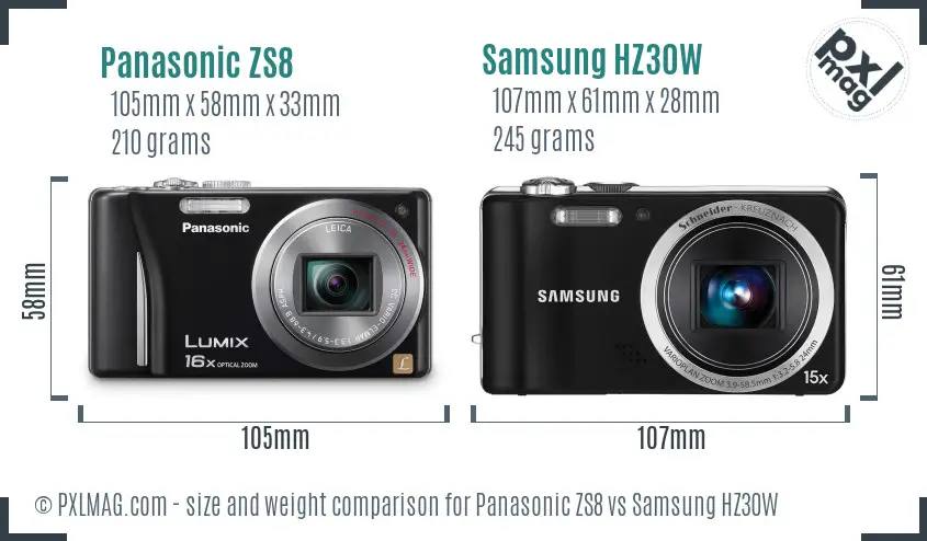 Panasonic ZS8 vs Samsung HZ30W size comparison