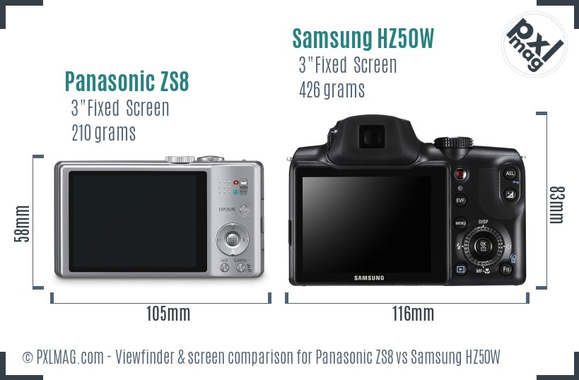 Panasonic ZS8 vs Samsung HZ50W Screen and Viewfinder comparison