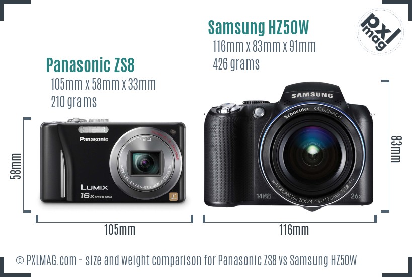 Panasonic ZS8 vs Samsung HZ50W size comparison