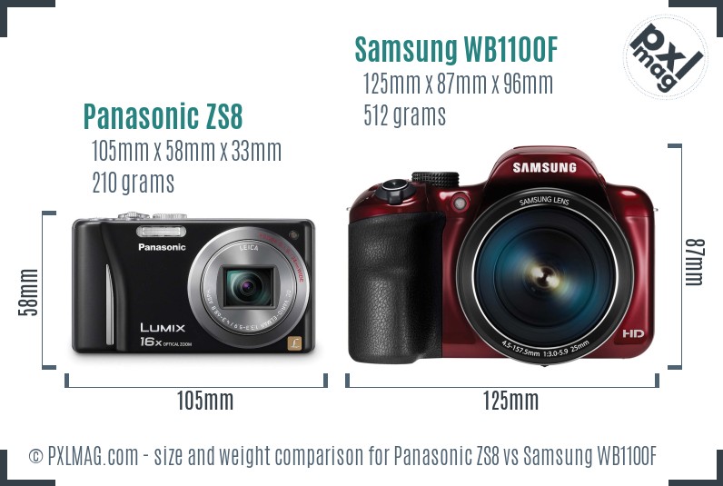 Panasonic ZS8 vs Samsung WB1100F size comparison