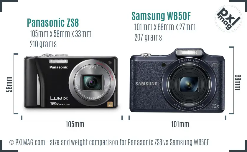 Panasonic ZS8 vs Samsung WB50F size comparison
