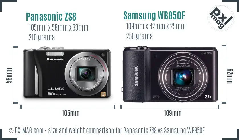Panasonic ZS8 vs Samsung WB850F size comparison