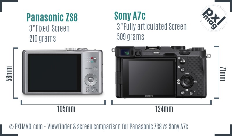 Panasonic ZS8 vs Sony A7c Screen and Viewfinder comparison