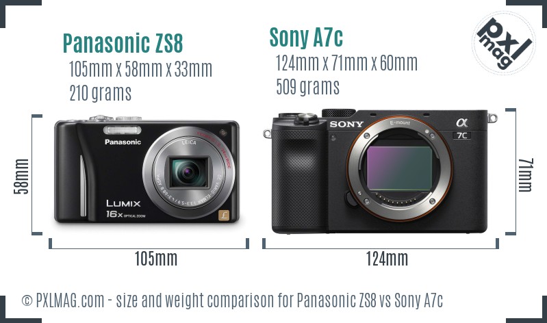 Panasonic ZS8 vs Sony A7c size comparison