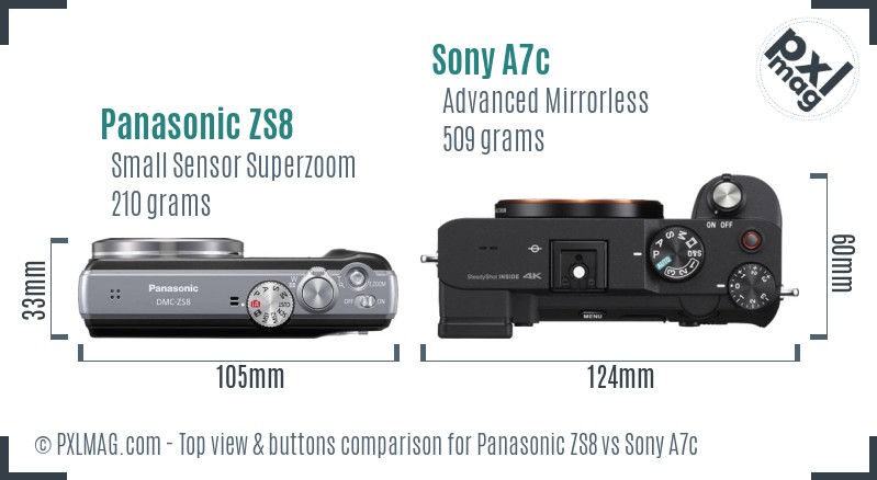 Panasonic ZS8 vs Sony A7c top view buttons comparison