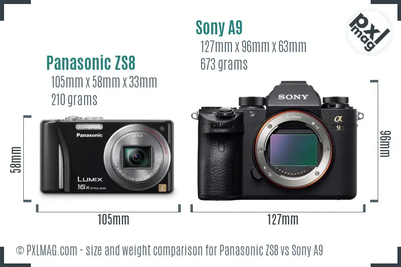 Panasonic ZS8 vs Sony A9 size comparison