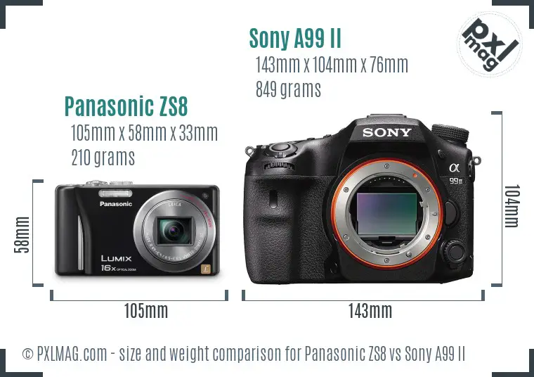 Panasonic ZS8 vs Sony A99 II size comparison