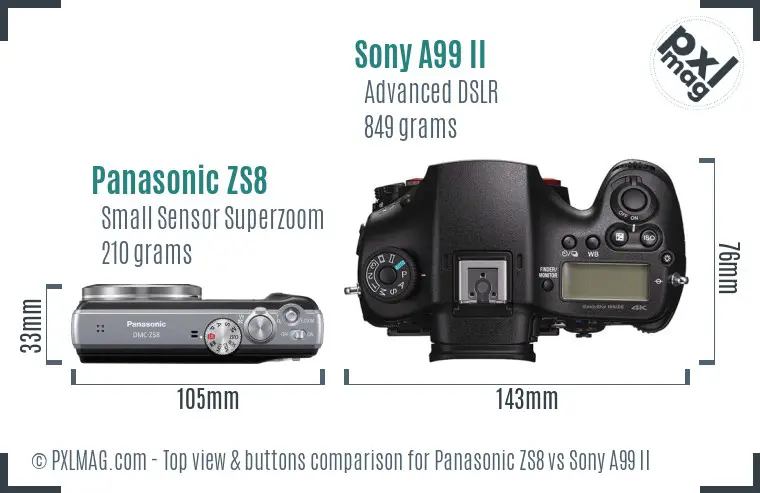 Panasonic ZS8 vs Sony A99 II top view buttons comparison