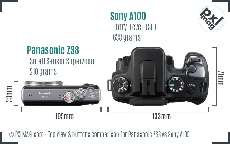Panasonic ZS8 vs Sony A100 top view buttons comparison