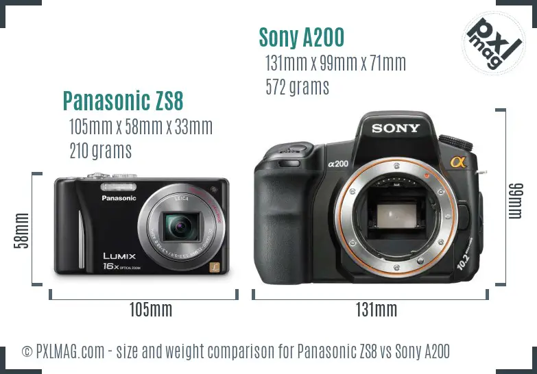 Panasonic ZS8 vs Sony A200 size comparison