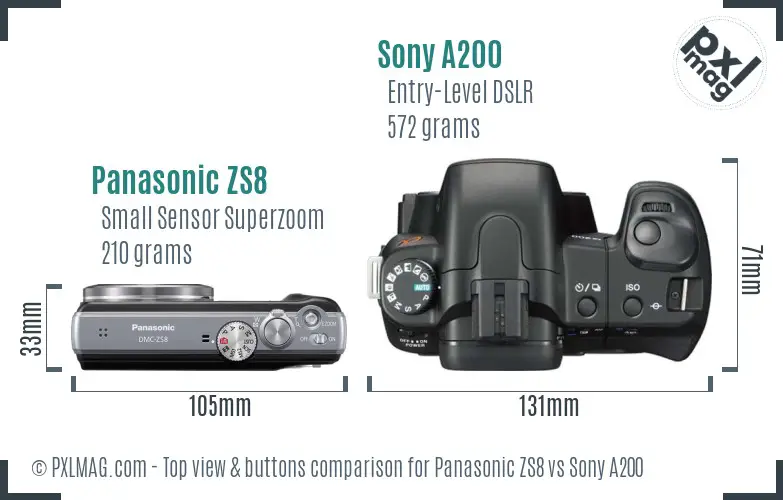 Panasonic ZS8 vs Sony A200 top view buttons comparison