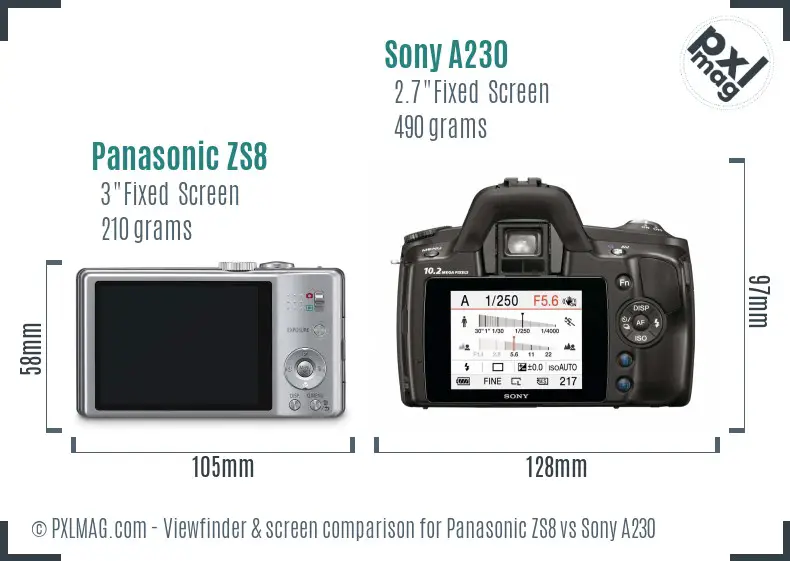 Panasonic ZS8 vs Sony A230 Screen and Viewfinder comparison