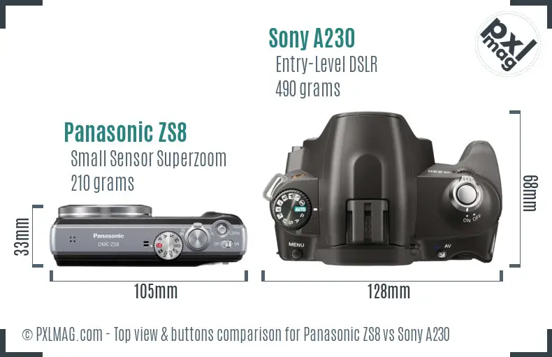 Panasonic ZS8 vs Sony A230 top view buttons comparison