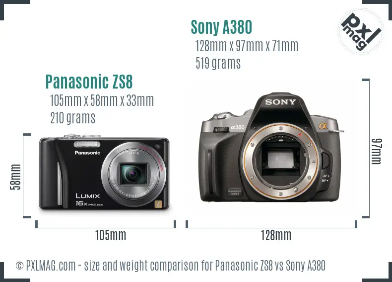 Panasonic ZS8 vs Sony A380 size comparison