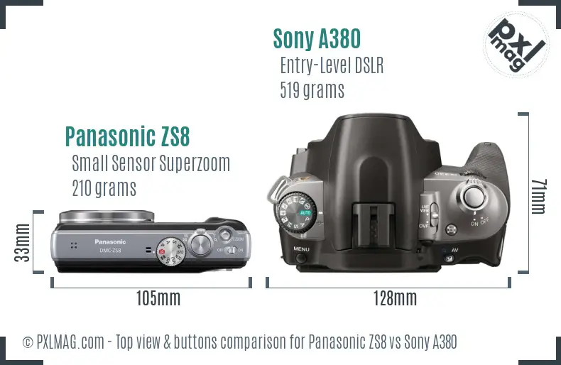 Panasonic ZS8 vs Sony A380 top view buttons comparison