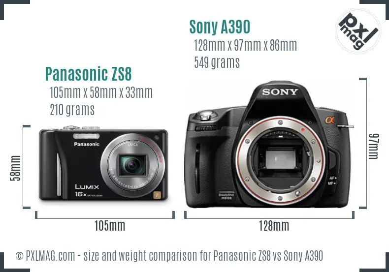 Panasonic ZS8 vs Sony A390 size comparison