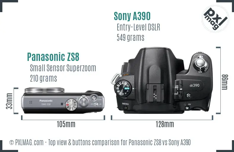 Panasonic ZS8 vs Sony A390 top view buttons comparison