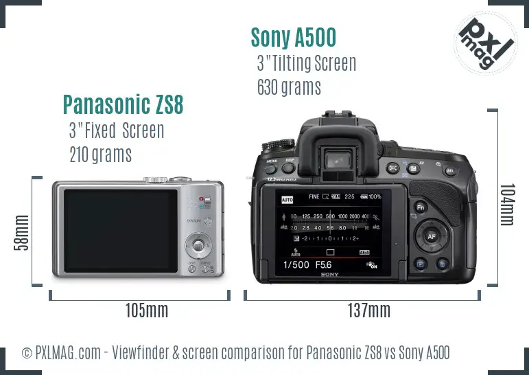 Panasonic ZS8 vs Sony A500 Screen and Viewfinder comparison
