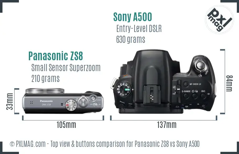 Panasonic ZS8 vs Sony A500 top view buttons comparison