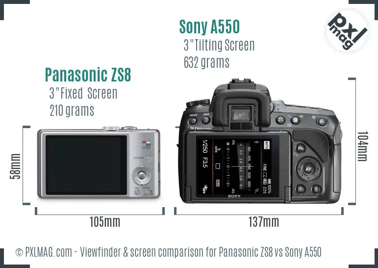 Panasonic ZS8 vs Sony A550 Screen and Viewfinder comparison