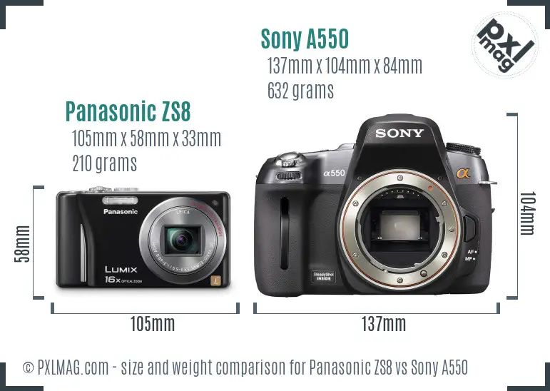 Panasonic ZS8 vs Sony A550 size comparison