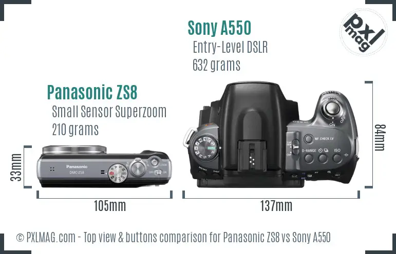 Panasonic ZS8 vs Sony A550 top view buttons comparison