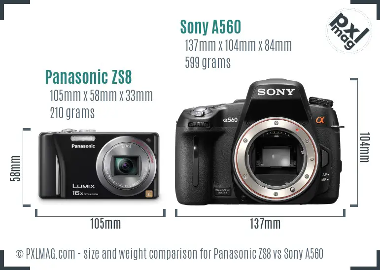 Panasonic ZS8 vs Sony A560 size comparison