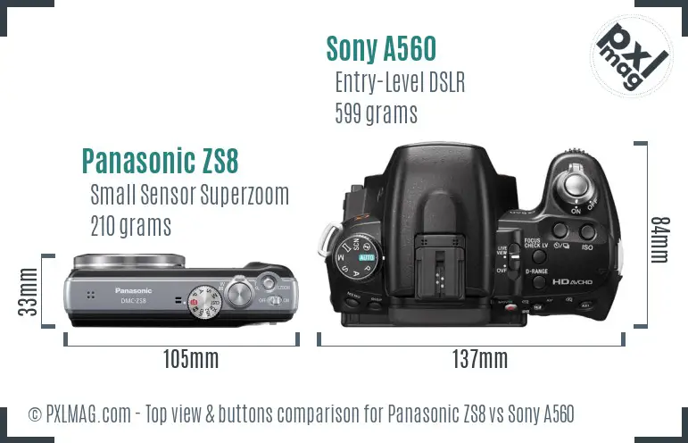 Panasonic ZS8 vs Sony A560 top view buttons comparison
