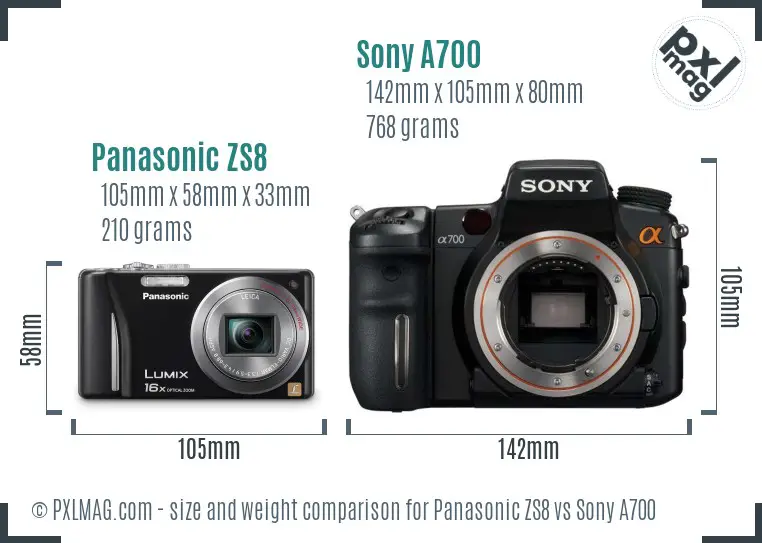 Panasonic ZS8 vs Sony A700 size comparison