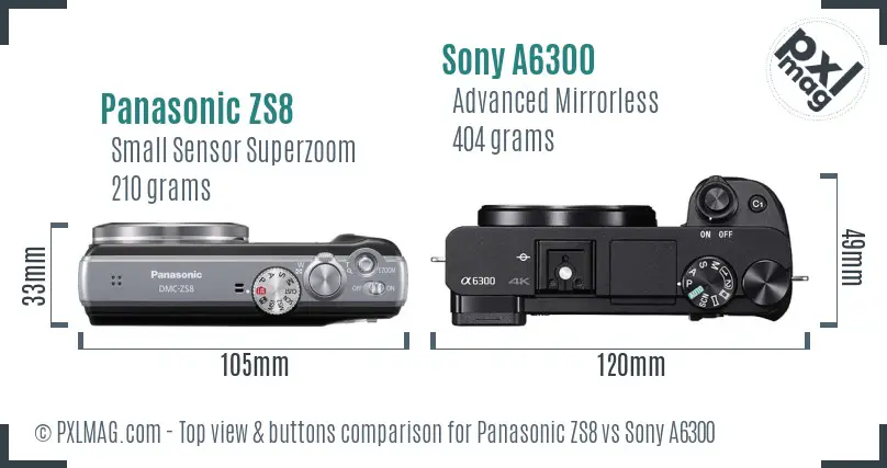 Panasonic ZS8 vs Sony A6300 top view buttons comparison Panasonic ZS8 vs Sony A6300 top view buttons comparison