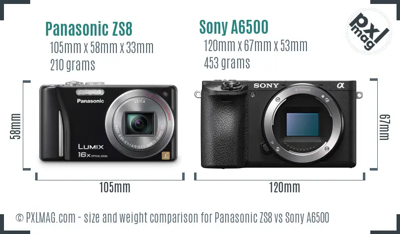 Panasonic ZS8 vs Sony A6500 size comparison