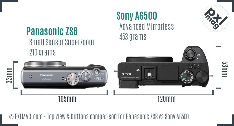 Panasonic ZS8 vs Sony A6500 top view buttons comparison