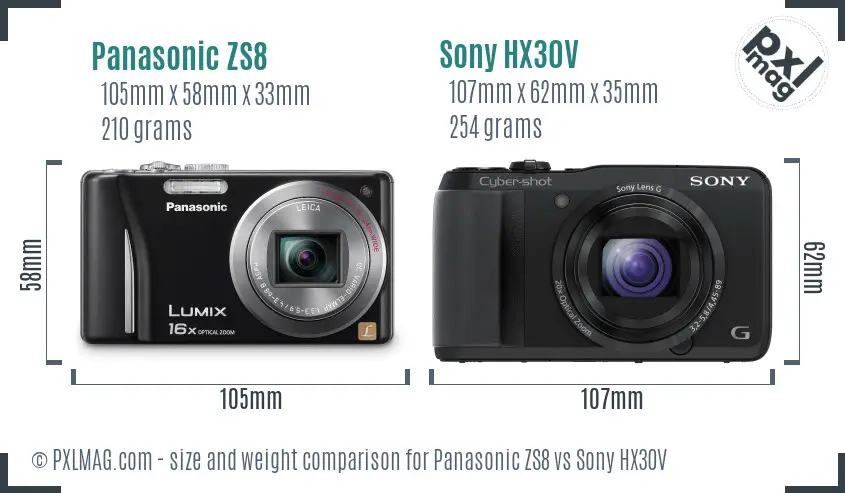 Panasonic ZS8 vs Sony HX30V size comparison