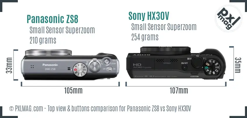 Panasonic ZS8 vs Sony HX30V top view buttons comparison