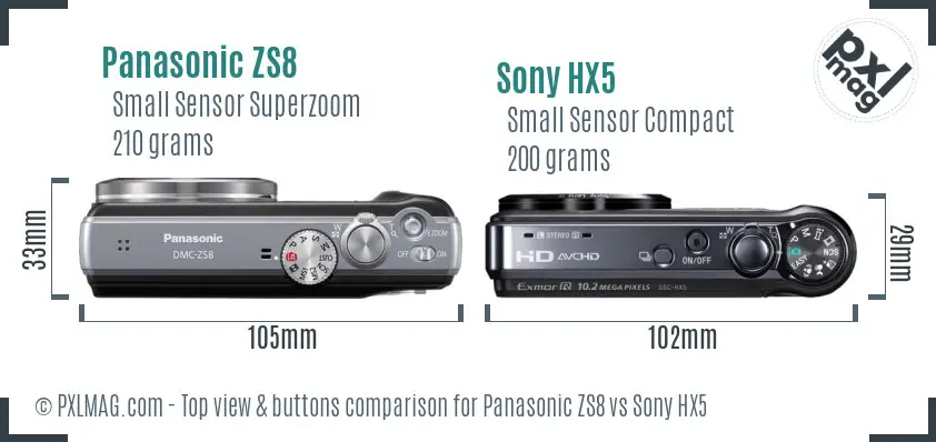 Panasonic ZS8 vs Sony HX5 top view buttons comparison