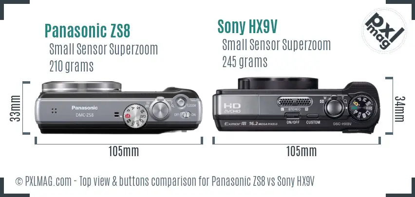 Panasonic ZS8 vs Sony HX9V top view buttons comparison