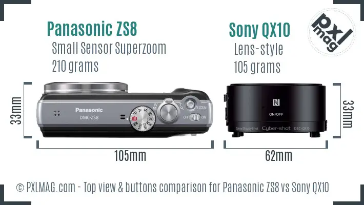 Panasonic ZS8 vs Sony QX10 top view buttons comparison