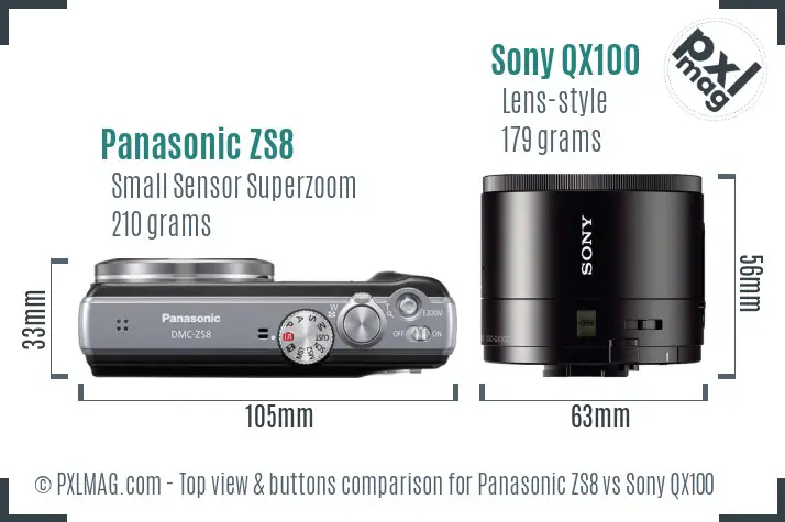 Panasonic ZS8 vs Sony QX100 top view buttons comparison Panasonic ZS8 vs Sony QX100 top view buttons comparison