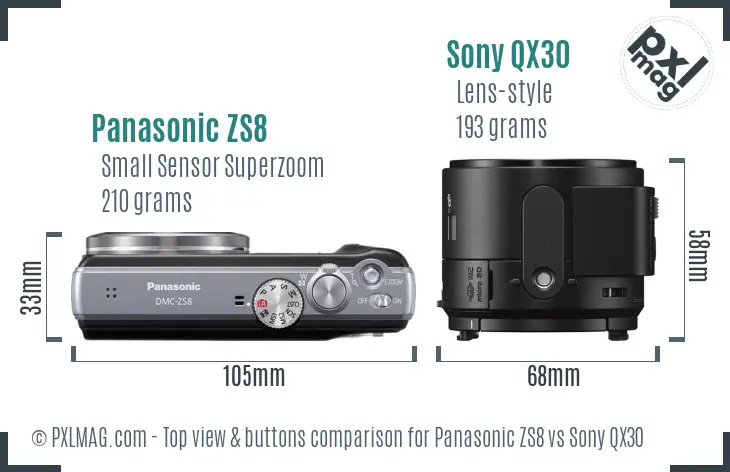 Panasonic ZS8 vs Sony QX30 top view buttons comparison