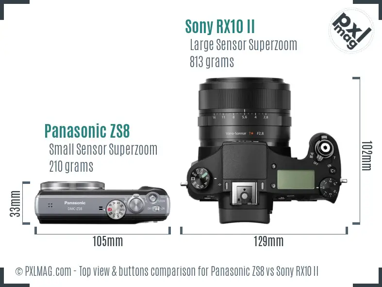 Panasonic ZS8 vs Sony RX10 II top view buttons comparison