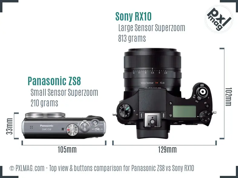 Panasonic ZS8 vs Sony RX10 top view buttons comparison