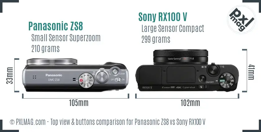 Panasonic ZS8 vs Sony RX100 V top view buttons comparison