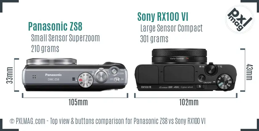 Panasonic ZS8 vs Sony RX100 VI top view buttons comparison Panasonic ZS8 vs Sony RX100 VI top view buttons comparison