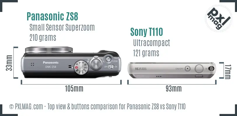 Panasonic ZS8 vs Sony T110 top view buttons comparison Panasonic ZS8 vs Sony T110 top view buttons comparison