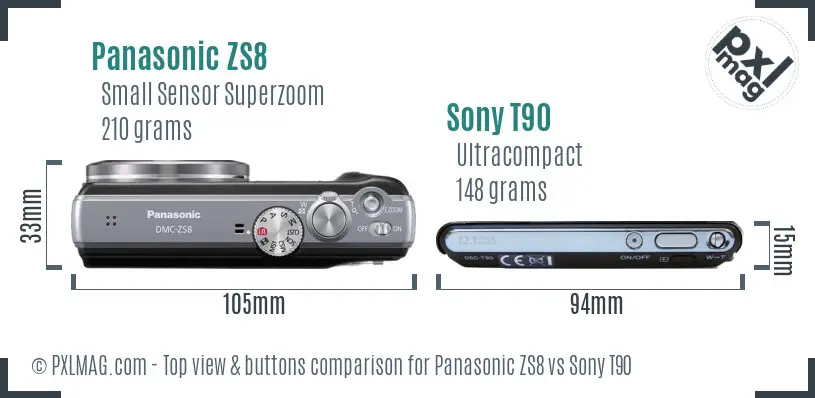 Panasonic ZS8 vs Sony T90 top view buttons comparison Panasonic ZS8 vs Sony T90 top view buttons comparison