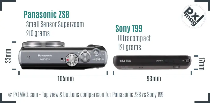Panasonic ZS8 vs Sony T99 top view buttons comparison Panasonic ZS8 vs Sony T99 top view buttons comparison