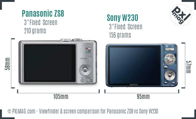 Panasonic ZS8 vs Sony W230 Screen and Viewfinder comparison